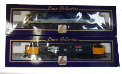 Lima Models OO gauge Class 37 locomotives, comprising 37420 The Scottish Hosteller, Regional Railways blue, grey and white livery, and 37111 Loch Eil Outward Bound, BR blue with large logo and yellow ends, boxed. (2)