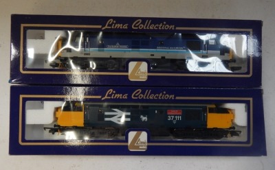 Lima Models OO gauge Class 37 locomotives, comprising 37420 The Scottish Hosteller, Regional Railways blue, grey and white livery, and 37111 Loch Eil Outward Bound, BR blue with large logo and yellow ends, boxed. (2) - 2