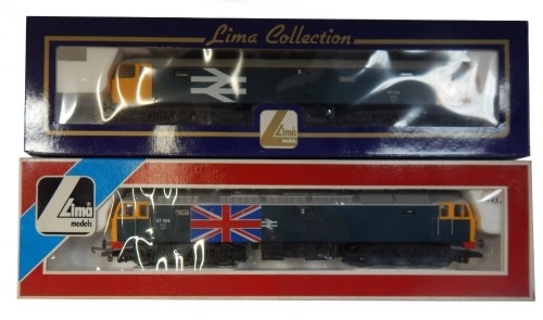 Lima Models OO gauge Class 47 locomotives, comprising 47164, BR blue with Union Jack, and 47513 Severn, blue livery with large logo and yellow ends, boxed. (2)