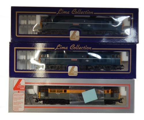 Lima Models OO gauge Class 31 locomotives, including 31116 Rail 1981-1991, Departmental Dutch yellow and grey livery, and 31309 Cricklewood, BR blue livery, boxed. (3)