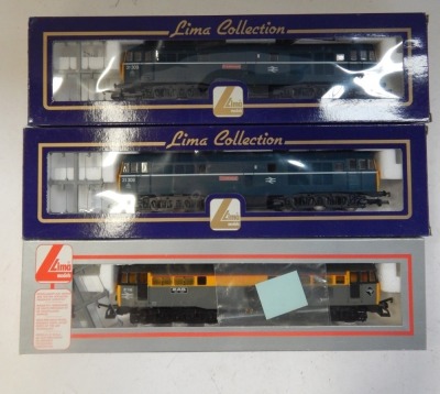 Lima Models OO gauge Class 31 locomotives, including 31116 Rail 1981-1991, Departmental Dutch yellow and grey livery, and 31309 Cricklewood, BR blue livery, boxed. (3) - 3