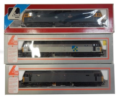 Lima Models OO gauge Class 47 locomotives, comprising 47567 Red Star, BR blue livery, 47006, BR Railfreight Construction livery, and 47315, Departmental grey, boxed. (3)