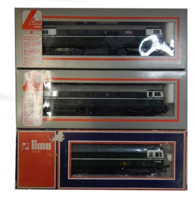 Lima Models OO gauge Class 26 diesel locomotives, comprising D6506, BR green livery, D5394, BR green livery, and B01 Eastfield, BR green livery, limited edition 298/550, boxed. (3)