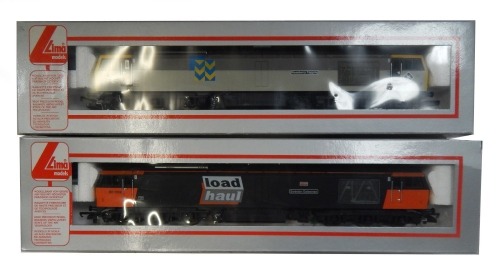 Lima Models OO gauge Class 60 locomotives, comprising 60050 Roseberry Topping, Railfreight Metals grey, and 60059 Swindon Dalesman, Load Haul orange and black livery, boxed. (2)