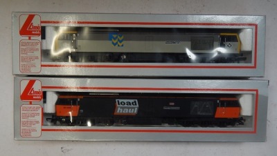 Lima Models OO gauge Class 60 locomotives, comprising 60050 Roseberry Topping, Railfreight Metals grey, and 60059 Swindon Dalesman, Load Haul orange and black livery, boxed. (2) - 2