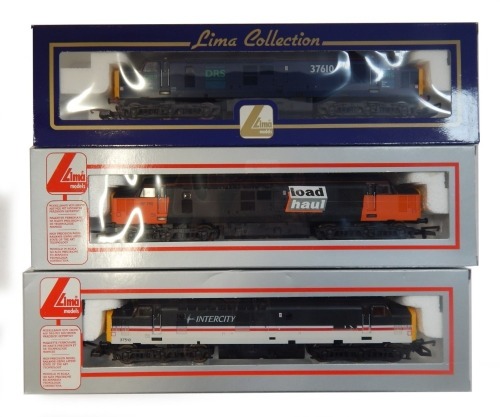 Lima Models OO gauge Class 37 locomotives, comprising 37610, DRS livery, 37713, Load Haul orange and black livery, and 37510, Intercity Swallow livery, boxed. (3)