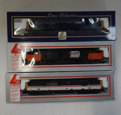 Lima Models OO gauge Class 37 locomotives, comprising 37610, DRS livery, 37713, Load Haul orange and black livery, and 37510, Intercity Swallow livery, boxed. (3) - 2