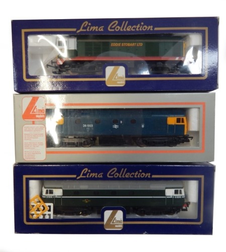 Lima Models OO gauge Class 26, Class 20 and Class 31 locomotives, comprising 20001, Eddie Stobart Ltd livery, 26003, BR blue livery, and D5310, BR green, boxed. (3)