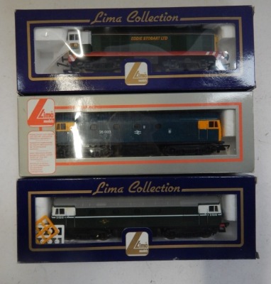 Lima Models OO gauge Class 26, Class 20 and Class 31 locomotives, comprising 20001, Eddie Stobart Ltd livery, 26003, BR blue livery, and D5310, BR green, boxed. (3) - 2