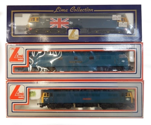 Lima Models OO gauge Class 52, Class 47 and Class 87 locomotives, comprising 87005 City of London, 47163, BR blue with Union Jack, and D1071 Western Renown, BR blue, boxed. (3)