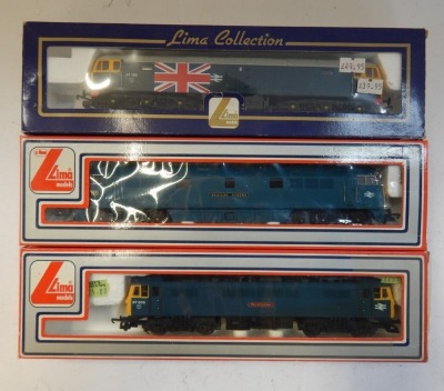 Lima Models OO gauge Class 52, Class 47 and Class 87 locomotives, comprising 87005 City of London, 47163, BR blue with Union Jack, and D1071 Western Renown, BR blue, boxed. (3) - 2