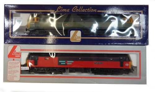 Lima Models OO gauge Class 47 locomotives, including 47369, BR two tone green, and 47625 Resplendent, Rail Systems livery, boxed. (2)