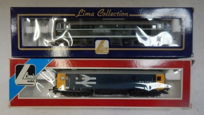 Lima Models OO gauge Class 31 and Class 73 locomotives, comprising D5583 Stratford Major Depot, BR green with yellow panel and white wrap windows, and 73105, BR blue with large logo, boxed. (2) - 2