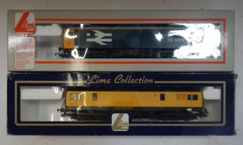 Lima Models OO gauge Class 73 locomotives, comprising 73002, BR blue with large logo and yellow ends, and 73901, Metro yellow and brown livery, boxed. (2)