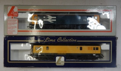 Lima Models OO gauge Class 73 locomotives, comprising 73002, BR blue with large logo and yellow ends, and 73901, Metro yellow and brown livery, boxed. (2) - 2