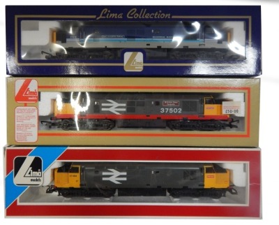 Lima Models OO gauge Class 37 locomotives, comprising 37418 East Lancashire Railway, Regional Railways livery, 37694, BR Railfreight grey livery, and 37502 British Steel Teeside, Railfreight grey and red strip livery, boxed. (3)