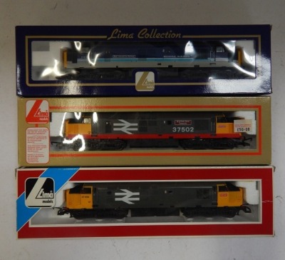 Lima Models OO gauge Class 37 locomotives, comprising 37418 East Lancashire Railway, Regional Railways livery, 37694, BR Railfreight grey livery, and 37502 British Steel Teeside, Railfreight grey and red strip livery, boxed. (3) - 2