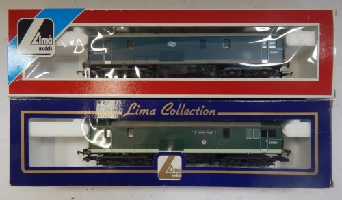 Lima Models OO gauge Class 73 locomotives, comprising E6003 Sir Herbert Walker, BR green livery, and E6012, BR blue with grey blossom, boxed. (2)