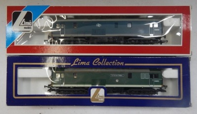 Lima Models OO gauge Class 73 locomotives, comprising E6003 Sir Herbert Walker, BR green livery, and E6012, BR blue with grey blossom, boxed. (2) - 2