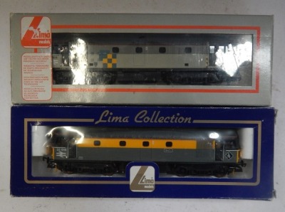 Lima Models OO gauge Class 121 diesel rail cars, comprising 55027, Network Southeast livery, and W55020, BR chocolate and cream livery, boxed. (2) - 2