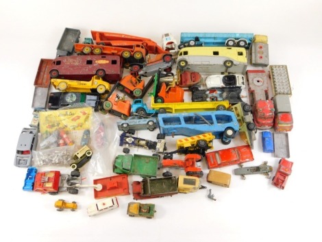 Corgi, Dinky and other playworn diecast, including Dinky Super Toys Foden truck, The Green Hornet's Black Beauty, Corgi Toys Chitty Chitty Bang Bang, Corgi Major articulated trailer and truck, Dinky Toys Leyland Comet, etc. (2 trays)