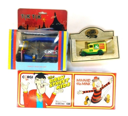 Corgi The Bash Street Kids Morris J van and AC bus, Thailand Tuk Tuk, and a Lledo Bryant and May Swan Vestas van, boxed. (3)