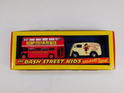 Corgi The Bash Street Kids Morris J van and AC bus, Thailand Tuk Tuk, and a Lledo Bryant and May Swan Vestas van, boxed. (3) - 2