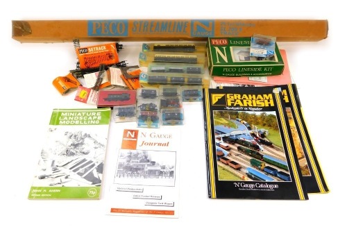 Graham Farish N Gauge locomotive and accessories, including 0-6-0 tank locomotive, GW plank wagons and brake van, coaches, Peco Lineside kits, track, etc. (a quantity)