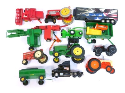 Ertl, Britains and other diecast farming machinery, including John Deere 7600, Massey Ferguson 760 combine harvester, Case 600 tractor, farming implements, etc. (1 box)