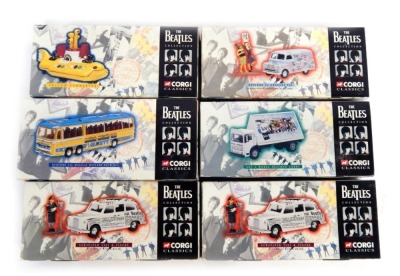 Corgi Classics The Beatles Collection diecast, including 05401 Corgi yellow submarine 58003 Corgi Newspaper taxi and figure, 05606 Bedford CA van and figures, 55302 Bedford Magical Mystery Tour Bus, etc. (6)