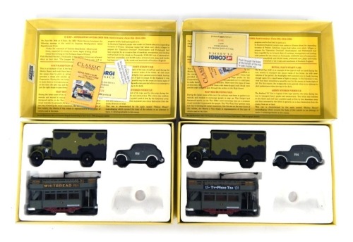 Corgi Classics D Day collectors set 50th Anniversary Operation Overlord June 6th 1944 - June 6th 1994, including double deck tram, Bedford O series van, Morris J van, and Ford Poplar Saloon, boxed. (2)