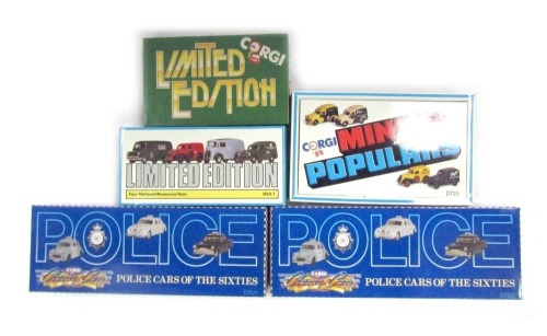 Corgi limited edition and other sets, including D75-1 Police Cars of the 60s, Corgi limited edition D54/14 National Resources vans, C91 limited edition Morris vans, D72-1 Corgi Minors and Poplars, boxed. (5)