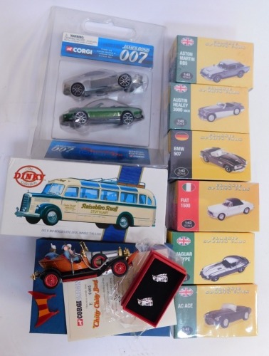 Corgi, Dinky and other diecast, including Corgi James Bond 007 TY99132 Aston Martin and Jaguar XKR two piece set Die Another Day, Corgi Originals Chitty Chitty Bang Bang, Dinky by Matchbox DYS10 Mercedes Benz diesel omnibus type 03500 special edition, DY9