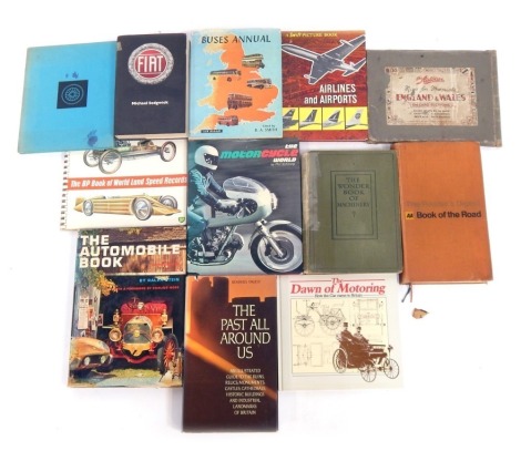 A group of automobile books and accessories, including The Wonder Book of Machinery, Fiat by Michael Sedgwick, The BP Book of World Land Speed Records, Illustrated Motor Cars of The World by Collins, Readers Digest Book of the Road, The Past and All Aroun