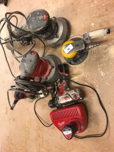 Three sanders and battery drill. Note: VAT is payable on the hammer price of this lot at 20%.