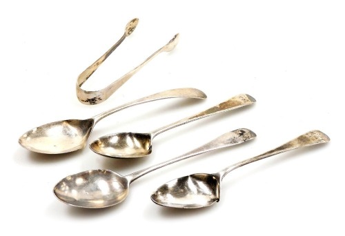 A pair of George V silver sugar tongs, Birmingham 1919, together with Georgian silver teaspoons, various hallmarks, 2.23oz.