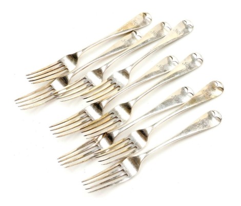 A set of nine Victorian silver Old English pattern dessert forks, monogram engraved, Goldsmiths Alliance Limited, London 1869, 13.84oz.