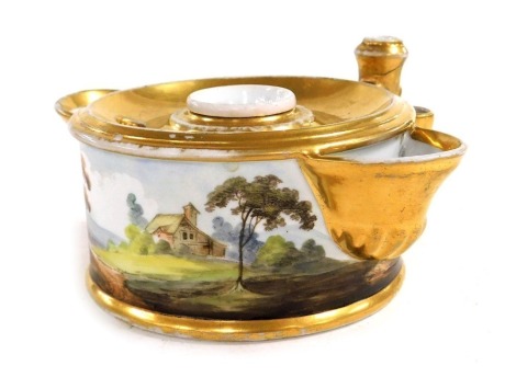 An early 19thC porcelain inkwell, possibly Derby, of cylindrical double lipped form, painted with a rural landscape, gilt heightened, 16cm wide.