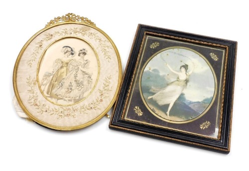 A Victorian gilt metal oval frame, with easel back and delicate ribbon and flower pierced crest, with a silk embroidered inner frame, engraved fashion print, 34cm high, and a classical coloured portrait print in a Hogarth frame, (2)