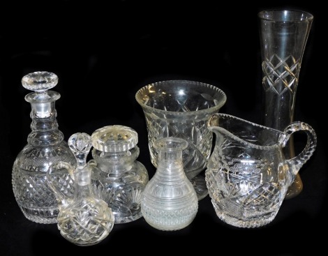 A 19thC triple ring neck decanter, with hobnail cut decoration, cut glass water jug, vase, pickle jar, vinegar ewer etc, (7)