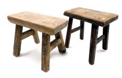 Two small Chinese provincial rectangular stools, with splayed legs and plain stretchers. Dimension 22 cm high.