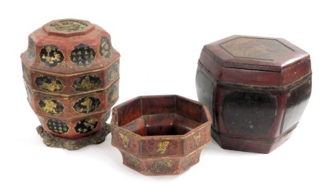 A group of Chinese red lacquer storage containers, including a hexagonal barrel shaped container with lid, decorated with hand painted panels, 31cm high and an octagonal red lacquer cover with hand painted figures and text in gilt within black reserves, a