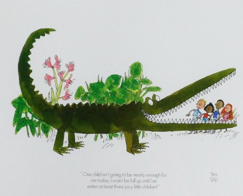 A Roald Dahl official collector's edition print, from Quentin Blake's original book illustrations, depicting The Enormous Crocodile, limited edition 384/595, with certificate verso, 35cm x 39.5cm.