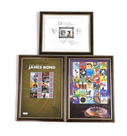 Philately. The Diamond Jubilee of Victoria and Elizabeth II, with booklet, framed and glazed, together with framed sets of the XXX Olympia, The Sports of London 2012 commemorative stamps, and Celebrating 50 Years of James Bond 007. (3)