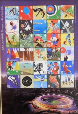 Philately. The Diamond Jubilee of Victoria and Elizabeth II, with booklet, framed and glazed, together with framed sets of the XXX Olympia, The Sports of London 2012 commemorative stamps, and Celebrating 50 Years of James Bond 007. (3) - 3