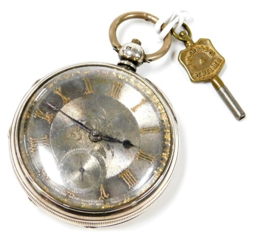 A Victorian gentleman's silver cased pocket watch, open faced, key wind, circular silver dial with engraved floral decoration, with gilt Roman numerals, subsidiary seconds dial, fusee movement by Bell and Dams of Uttoxeter, number 4573, the case with engi