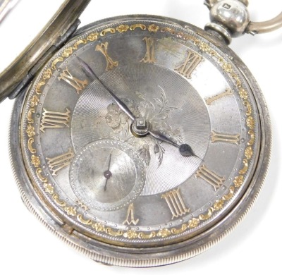 A Victorian gentleman's silver cased pocket watch, open faced, key wind, circular silver dial with engraved floral decoration, with gilt Roman numerals, subsidiary seconds dial, fusee movement by Bell and Dams of Uttoxeter, number 4573, the case with engi - 2