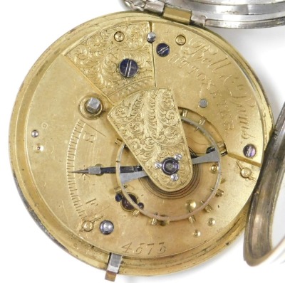 A Victorian gentleman's silver cased pocket watch, open faced, key wind, circular silver dial with engraved floral decoration, with gilt Roman numerals, subsidiary seconds dial, fusee movement by Bell and Dams of Uttoxeter, number 4573, the case with engi - 3