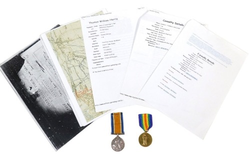 A World War I pair of medals, comprising Great War and Victory medals, named to Pte. T.W.Harris, 15-Lond R, 3966, together with paperwork relating to Thomas William Harris, who served with the 1/15th London Regiment, and Middlesex Regiment, 4th Battalion,