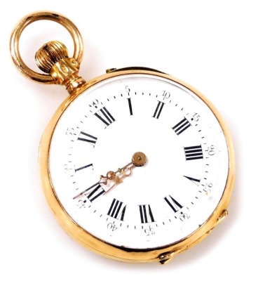 A late 19thC 18ct gold cased lady's pocket watch, open faced, keyless wind, circular enamel dial bearing Roman and Arabic numerals, the 18ct cuvette engraved number 32935, Remontoir, Nardin Geneve, Cylindre ten rubis, the case back engraved centrally with